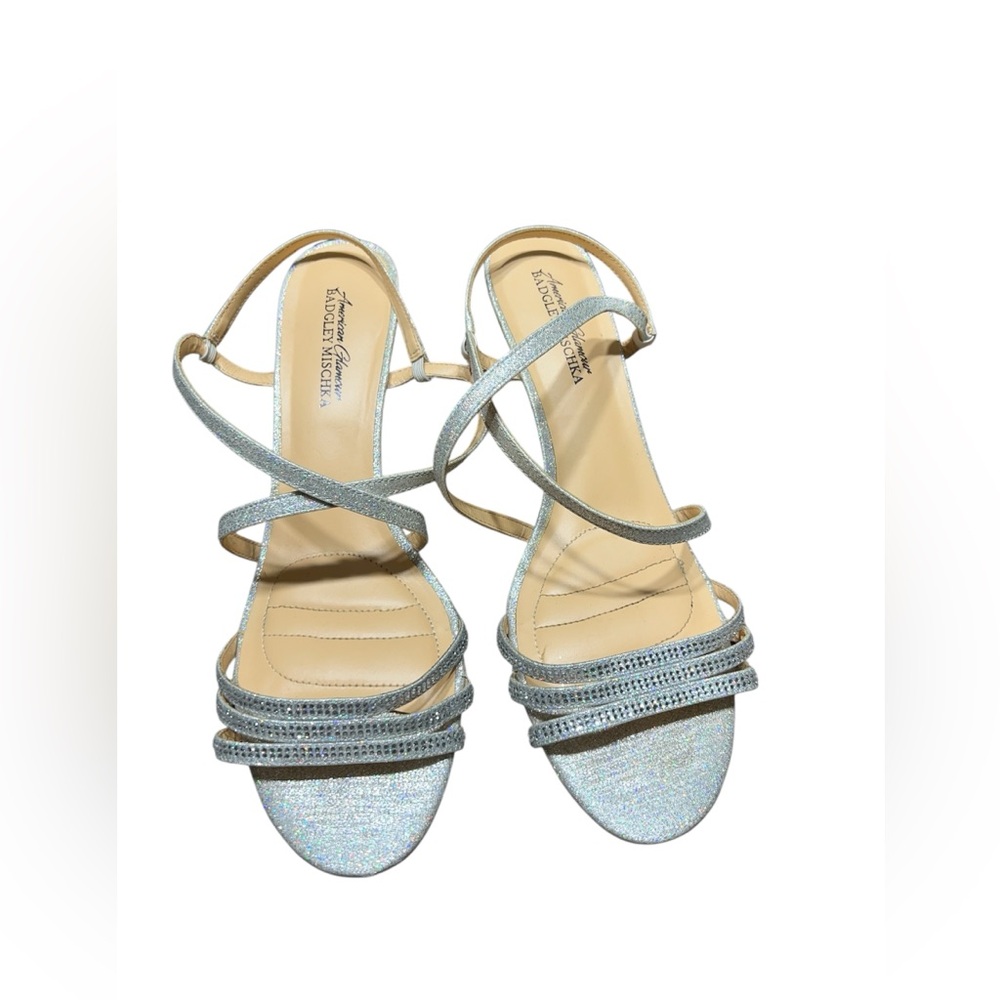 American Glamour Badgley Mischka "Yori" Silver Sparkle Strappy Wedge Sandals